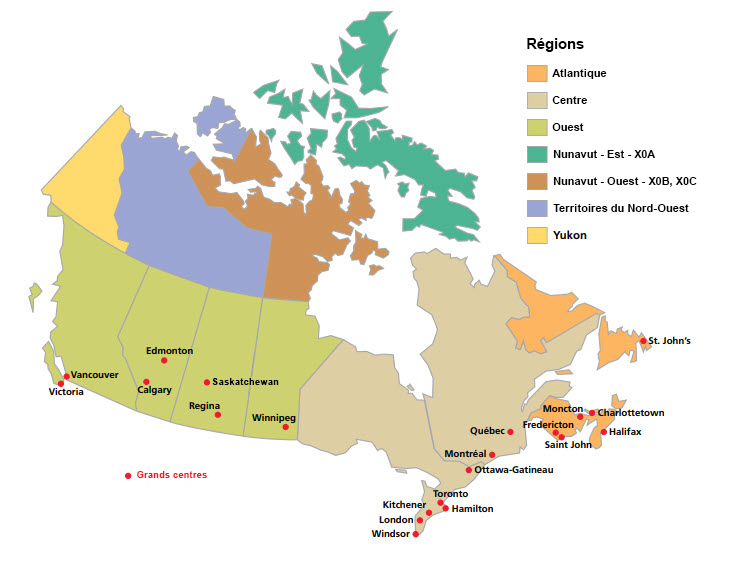 Carte du Canada indiquant les régions d'expédition de Postes Canada